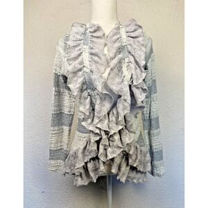 Ryu Cardigan Womens Large Gray Lace Ruffle Lightweight Boho‎ Coquette Whimsy